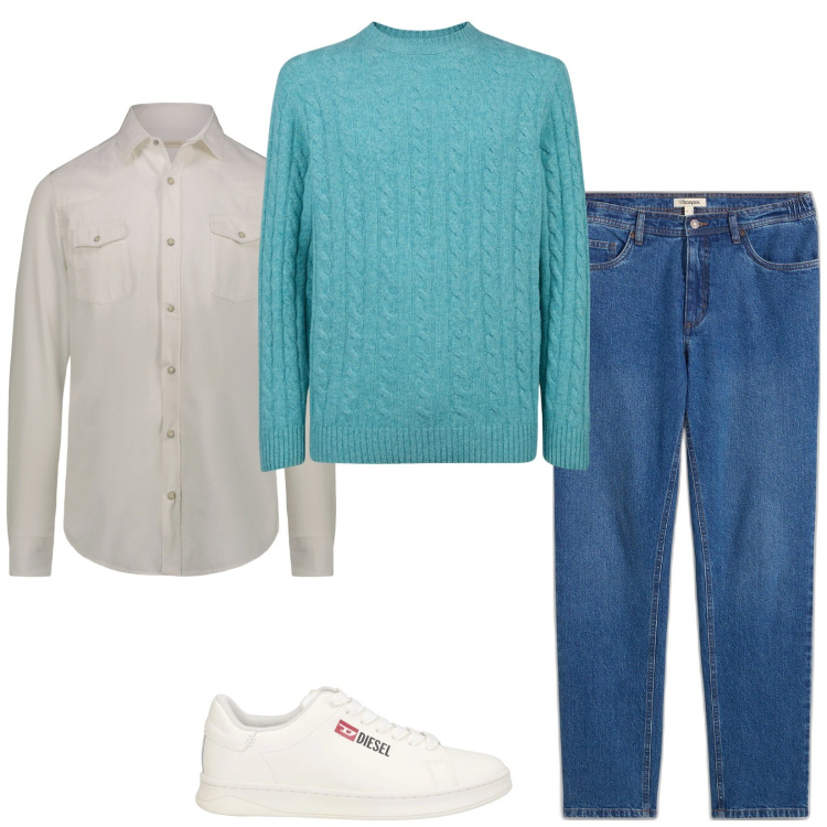 Outfit uomo - Il pull a trecce. Stile Casual per Tutti i giorni. Abbinamento con jeans dritti, sneakers, maglieria, camicie.