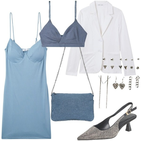 Outfit donna - Terranova - San Valentino. Stile Glamour per Serata fuori. Abbinamento con vestiti corti, borse a tracolla, blazer, reggiseni, décolleté, orecchini.