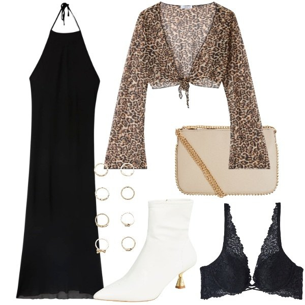 Outfit donna - Terranova - San Valentino. Stile Sexy per Serata fuori. Abbinamento con stivaletti, borse a tracolla, vestiti midi/longuette, bolero, reggiseni, anelli.