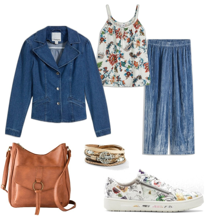 Outfit donna - Primavera del botticelli. Stile Romantica per Tutti i giorni. Abbinamento con top, sneakers, braccialetti, borse a tracolla, pantaloni, blazer.