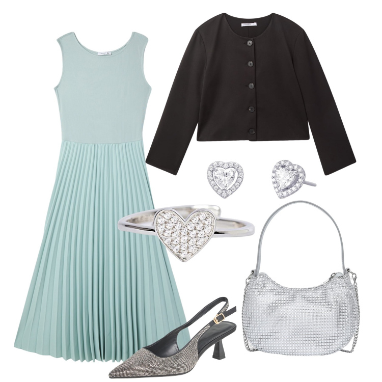 Outfit donna - Romantica verde acqua. Stile Romantica per Serata fuori. Abbinamento con vestiti lunghi, borse a spalla, décolleté, blazer, orecchini, anelli.