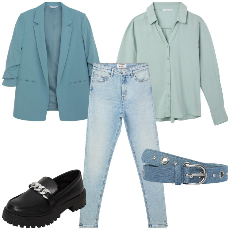 Outfit donna - San Valentino tutti i giorni. Stile Chic per Tutti i giorni. Abbinamento con jeans skinny, cinture, blazer, camicie, mocassini.