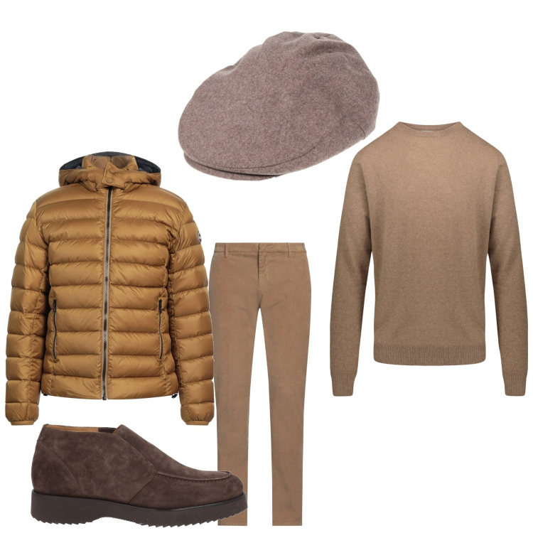 Outfit uomo - Marrone inverno. Stile Casual per Tutti i giorni. Abbinamento con stivali e stivaletti, cappelli, piumini, pantaloni, maglieria.