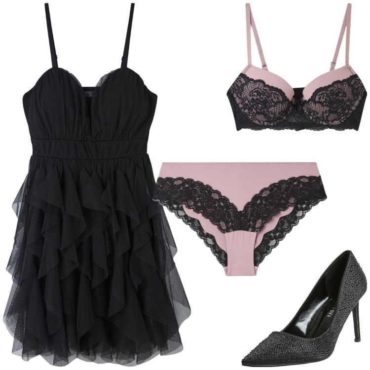 Outfit donna - Regalami un completo intimo. Stile Glamour per Serata fuori. Abbinamento con reggiseni push-up, décolleté, vestiti corti, culotte.