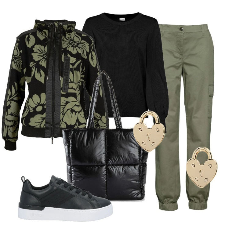 Outfit donna - Febbraio glamour. Stile Casual per Tutti i giorni. Abbinamento con pantaloni cargo, maglieria, felpe, shopping bag, sneakers, orecchini.