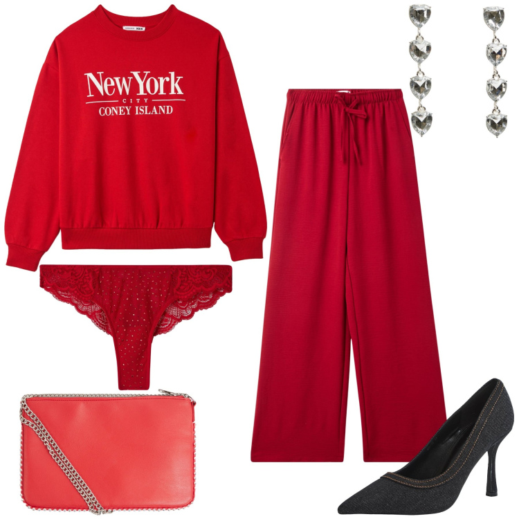 Outfit donna - San Valentino a New York. Stile Sporty chic per Serata fuori. Abbinamento con pantaloni, borse a tracolla, felpe, orecchini, décolleté, culotte.