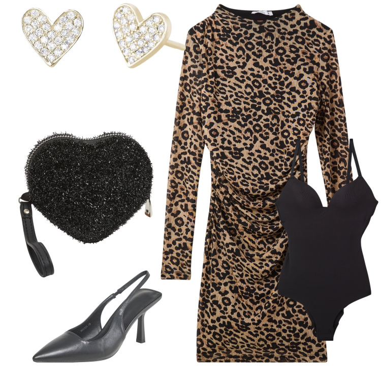 Outfit donna - Cuori ruggenti. Stile Glamour per Serata fuori. Abbinamento con vestiti lunghi, portafogli, body, décolleté, orecchini.