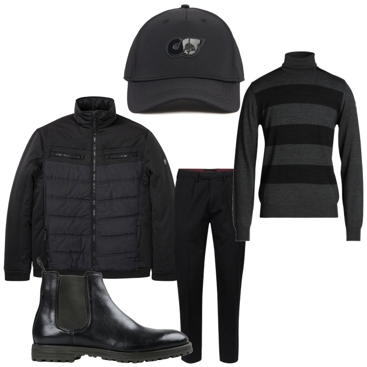 Outfit uomo - Black and strips. Stile Casual per Tutti i giorni. Abbinamento con piumini, stivali e stivaletti, maglieria, pantaloni, cappelli.