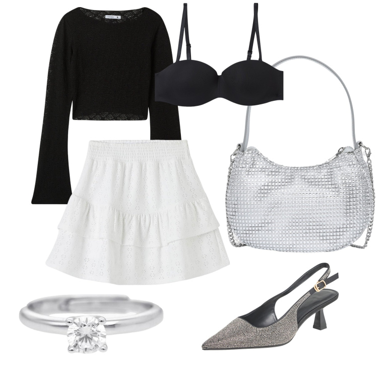 Outfit donna - Grazie dell anello. Stile Chic per Serata fuori. Abbinamento con t-shirt, minigonne, décolleté, borse a spalla, reggiseni, anelli.