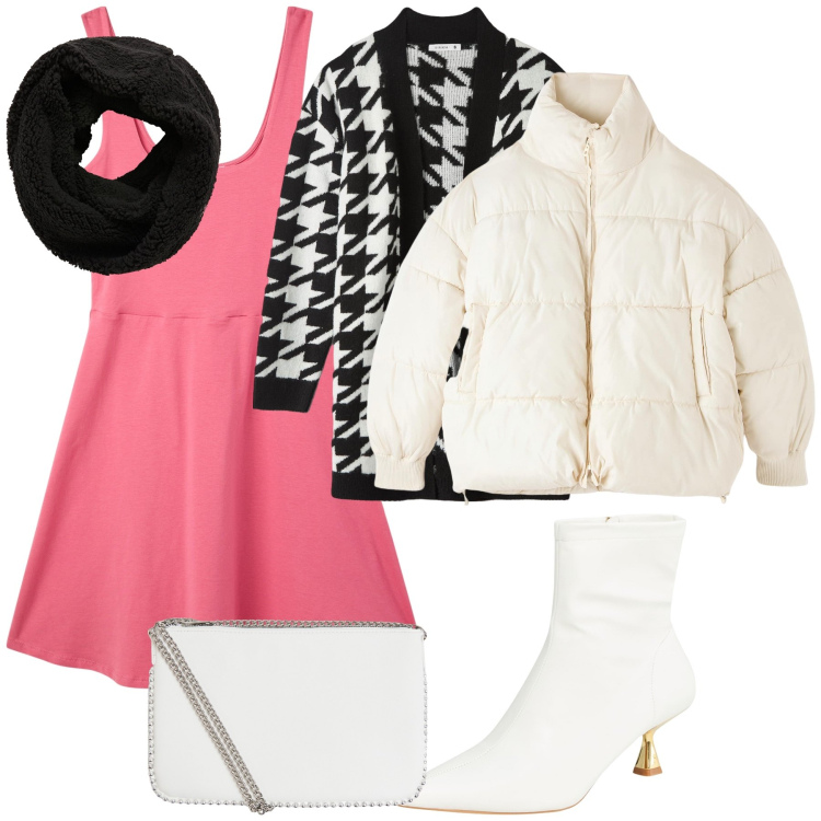 Outfit donna - Layering. Stile Trendy per Serata fuori. Abbinamento con stivaletti, vestiti corti, cardigans, piumini, sciarpe, borse a tracolla.