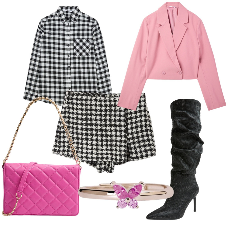 Outfit donna - Un anello rosa per te. per Serata fuori. Abbinamento con blazer, gonne, camicie, stivali, borse a tracolla, anelli.
