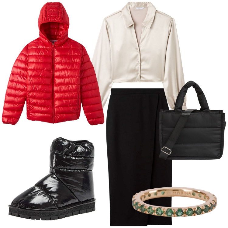 Outfit donna - Un anello per te sulla neve. per Serata fuori. Abbinamento con gonne longuette, shopping bag, stivali da neve, blazer, camicie, anelli.