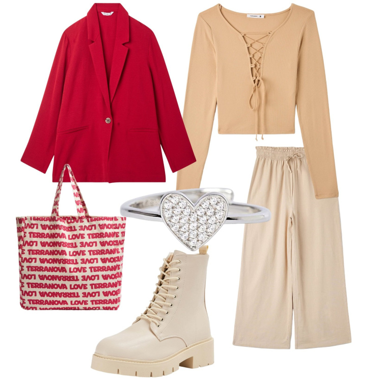 Outfit donna - Un cuore è per sempre. per Serata fuori. Abbinamento con pantaloni, blazer, anfibi, t-shirt, borse tote, anelli.