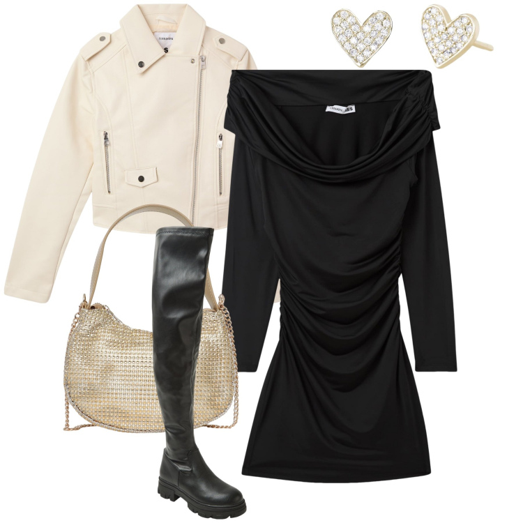 Outfit donna - Cuori di San Valentino. Stile Sexy per Serata fuori. Abbinamento con giacche, vestiti corti, stivali, borse a spalla, orecchini.