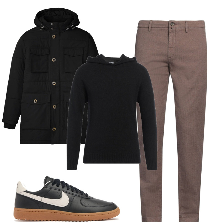 Outfit uomo - City. Stile Urban per Tutti i giorni. Abbinamento con parka, pullovers, pantaloni chino, sneakers.