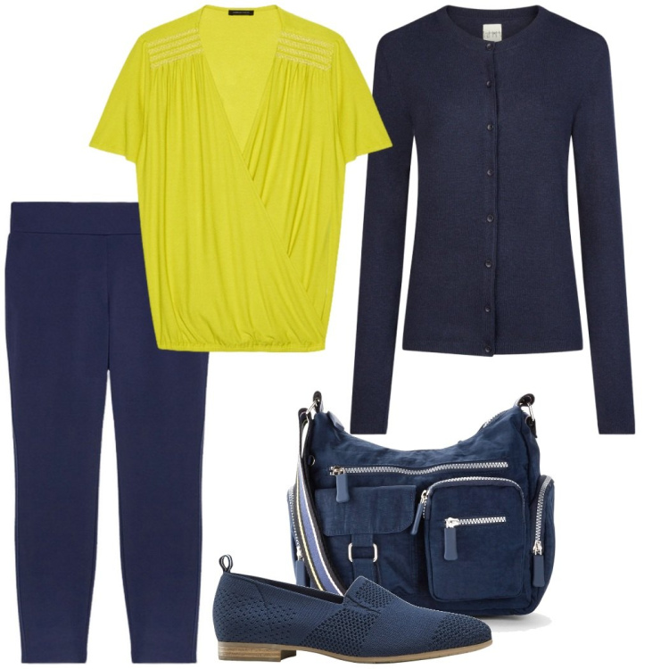 Outfit donna - Primavera in arrivo. Stile Casual per Tutti i giorni. Abbinamento con borse a tracolla, mocassini, t-shirt, cardigans, pantaloni skinny.