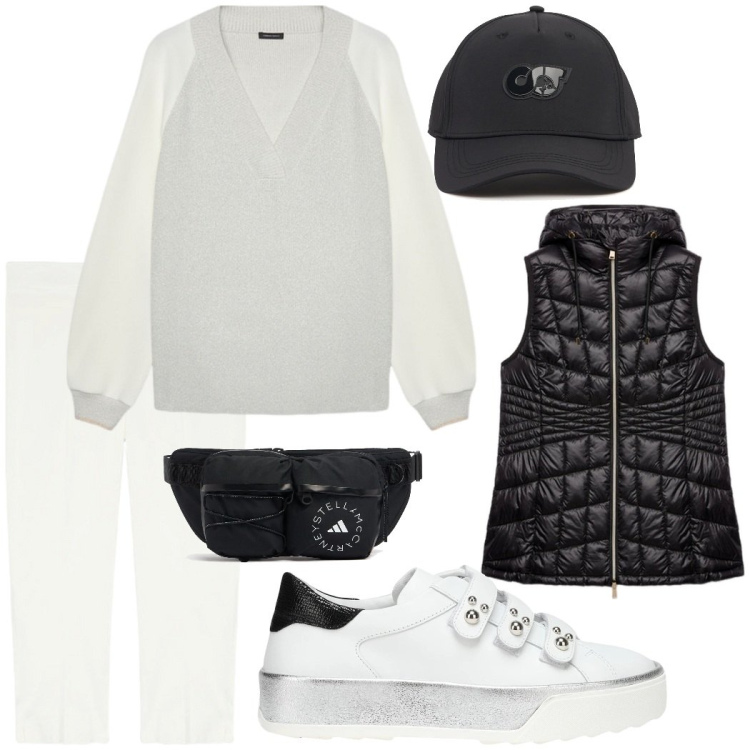 Outfit donna - Sporty chic. Stile Sporty chic per Tutti i giorni. Abbinamento con sneakers, pantaloni, marsupi, piumini, cappelli, maglieria.