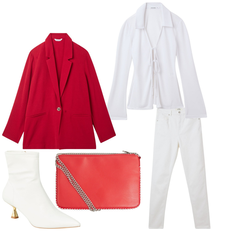 Outfit donna - White Valentine. Stile Casual chic per Serata fuori. Abbinamento con borse a tracolla, pantaloni skinny, stivaletti, blazer, camicie.