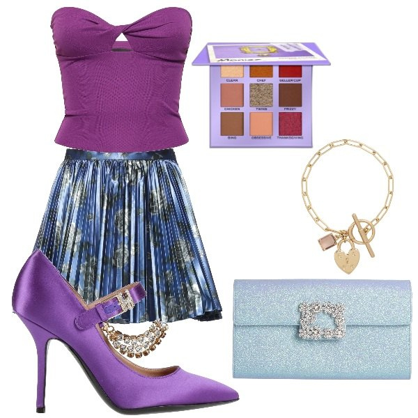 Outfit donna - Speciale San Valentino. Stile Sexy per Serata fuori. Abbinamento con décolleté, borse a mano, minigonne, ombretti, braccialetti, top.