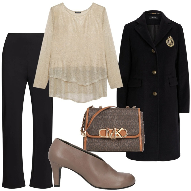 Outfit donna - Serata evento. Stile Chic per Serata fuori. Abbinamento con borse a tracolla, décolleté, cappotti, t-shirt, pantaloni.