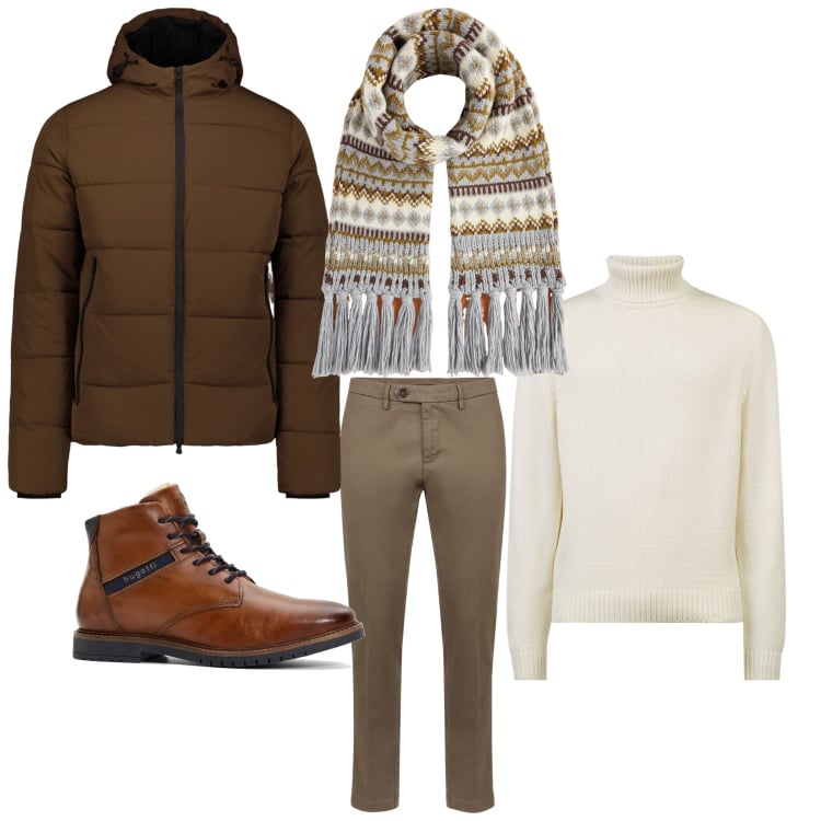 Outfit uomo - Inverno. Stile Casual per Tutti i giorni. Abbinamento con stivali e stivaletti, piumini, pantaloni chino, maglieria, sciarpe.