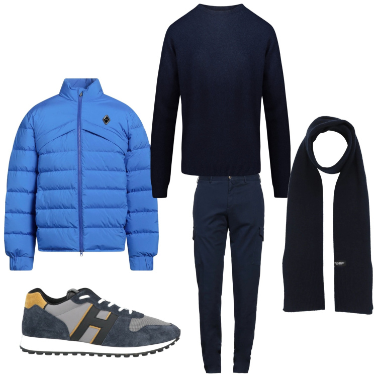 Outfit uomo - Love blu. Stile Casual per Tutti i giorni. Abbinamento con piumini, sneakers, sciarpe, pantaloni cargo, maglieria.