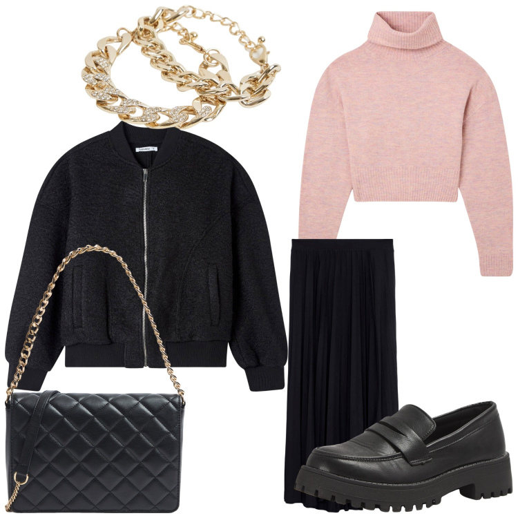 Outfit donna - Rosa zucchero. Stile Casual chic per Serata fuori. Abbinamento con gonne lunghe, maglieria, braccialetti, mocassini, bomber, borse a tracolla.
