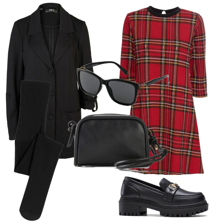 Outfit donna - Scottish. Stile Preppy per Tutti i giorni. Abbinamento con vestiti corti, blazer, occhiali da sole, collant, mocassini, borse a tracolla.