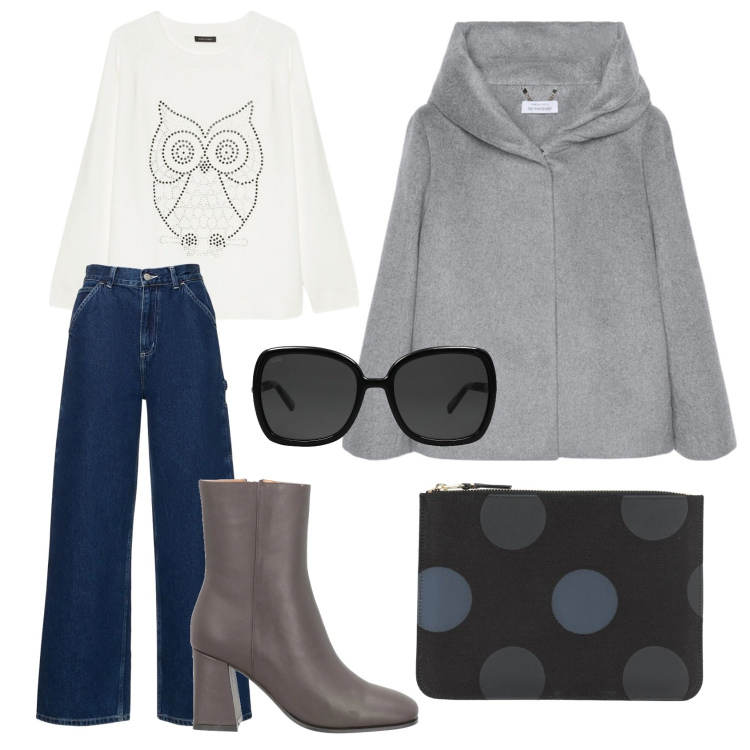 Outfit donna - Dinamica. Stile Casual chic per Tutti i giorni. Abbinamento con stivaletti, pochette, occhiali da sole, maglieria, cappe, pantaloni.