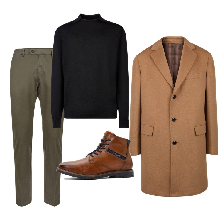 Outfit uomo - Total look. Stile Casual per Tutti i giorni. Abbinamento con stivali e stivaletti, cappotti, pantaloni chino, maglieria.