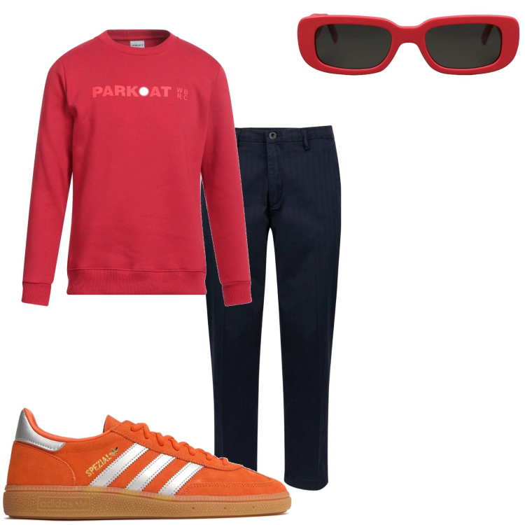 Outfit uomo - Occhiali rossi per me. Stile Casual per Tutti i giorni. Abbinamento con felpe, occhiali da sole, pantaloni, sneakers.