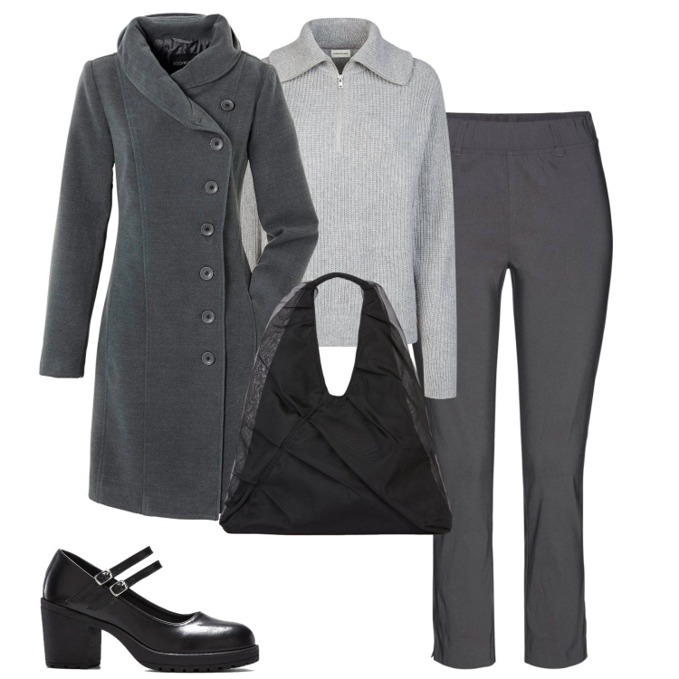 Outfit donna - City. Stile Minimal per Tutti i giorni. Abbinamento con cappotti, pantaloni, décolleté, polo, shopping bag.