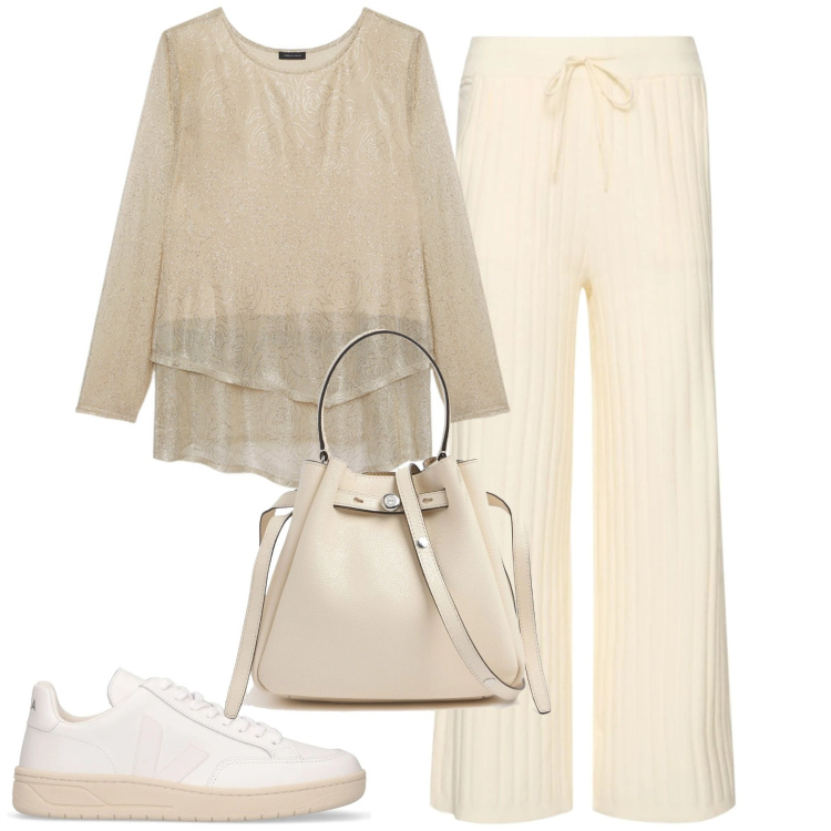 Outfit donna - City. Stile Sporty chic per Tutti i giorni. Abbinamento con t-shirt, borse a mano, sneakers, pantaloni.