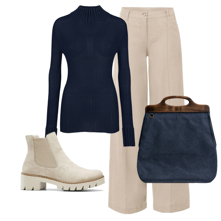 Outfit donna - Beige e blu. Stile Casual per Tutti i giorni. Abbinamento con pantaloni a palazzo, stivaletti, borse a tracolla, maglieria.
