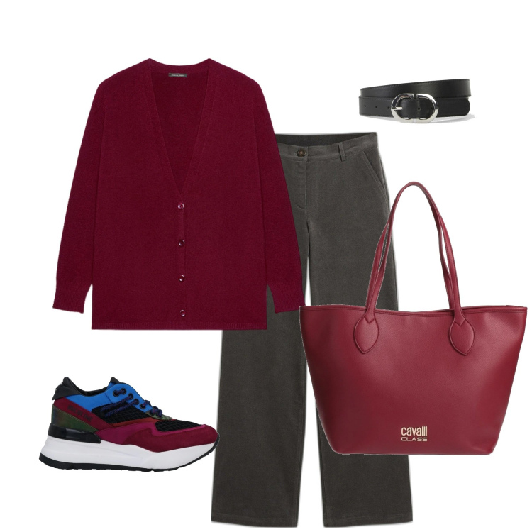 Outfit donna - In bordeaux. Stile Casual per Tutti i giorni. Abbinamento con pantaloni, cinture, sneakers, borse a spalla, cardigans.