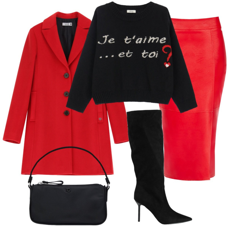 Outfit donna - Rosso amore. Stile Casual chic per Serata fuori. Abbinamento con stivali, maglieria, gonne longuette, cappotti, pochette.