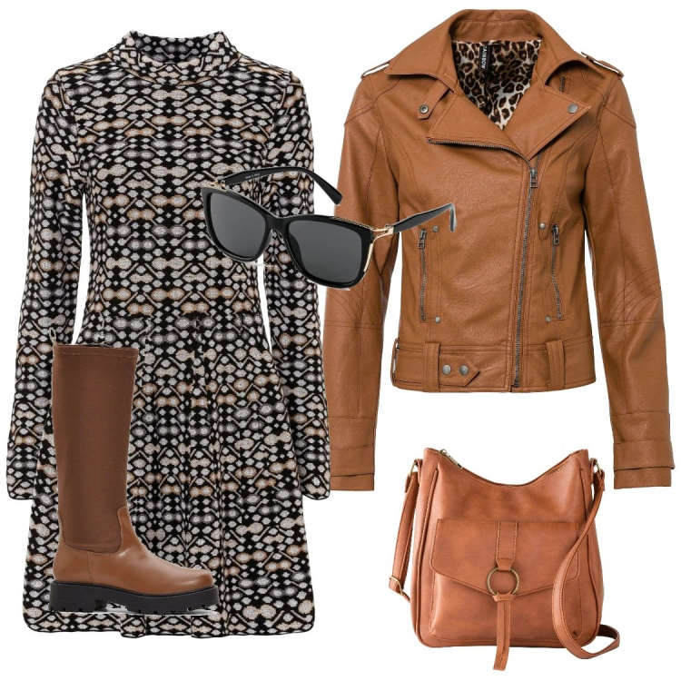 Outfit donna - Tiepide giornate invernali. Stile Chic per Tutti i giorni. Abbinamento con borse a tracolla, vestiti, stivali, occhiali da sole, blazer.