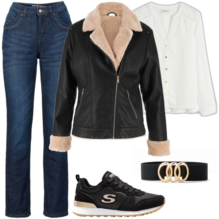 Outfit donna - Casual comodo. Stile Casual per Tutti i giorni. Abbinamento con blazer, sneakers, cinture, jeans dritti, bluse.