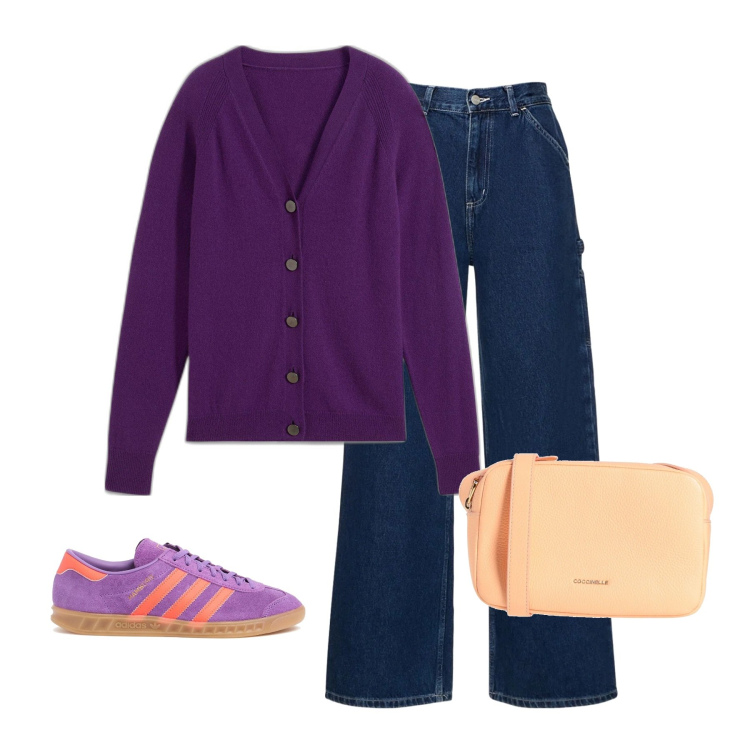 Outfit donna - Cardigan viola. Stile Casual per Tutti i giorni. Abbinamento con cardigans, borse a tracolla, pantaloni, sneakers.