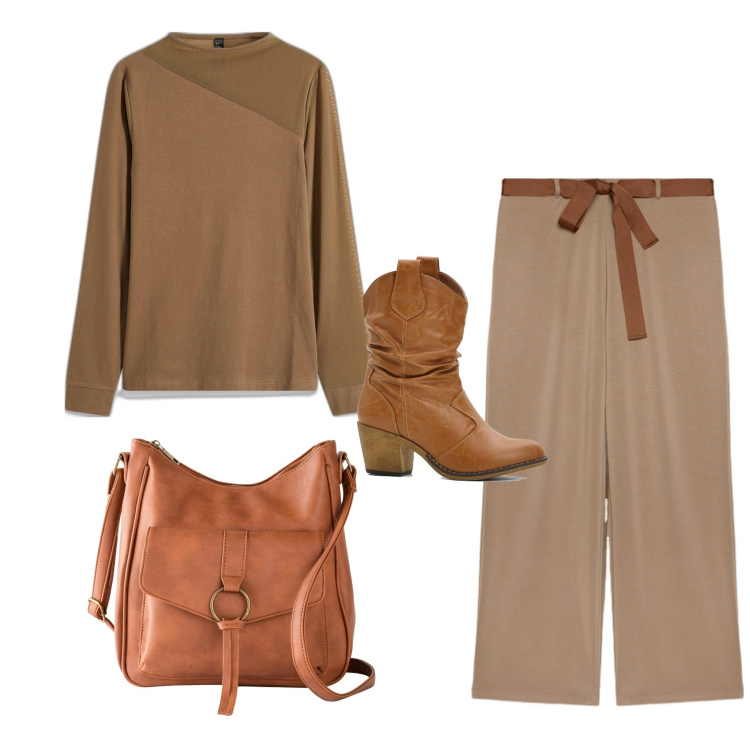 Outfit donna - Pranzo di famiglia. Stile Bon Ton per Tutti i giorni. Abbinamento con borse a tracolla, stivaletti texani, maglieria, pantaloni.