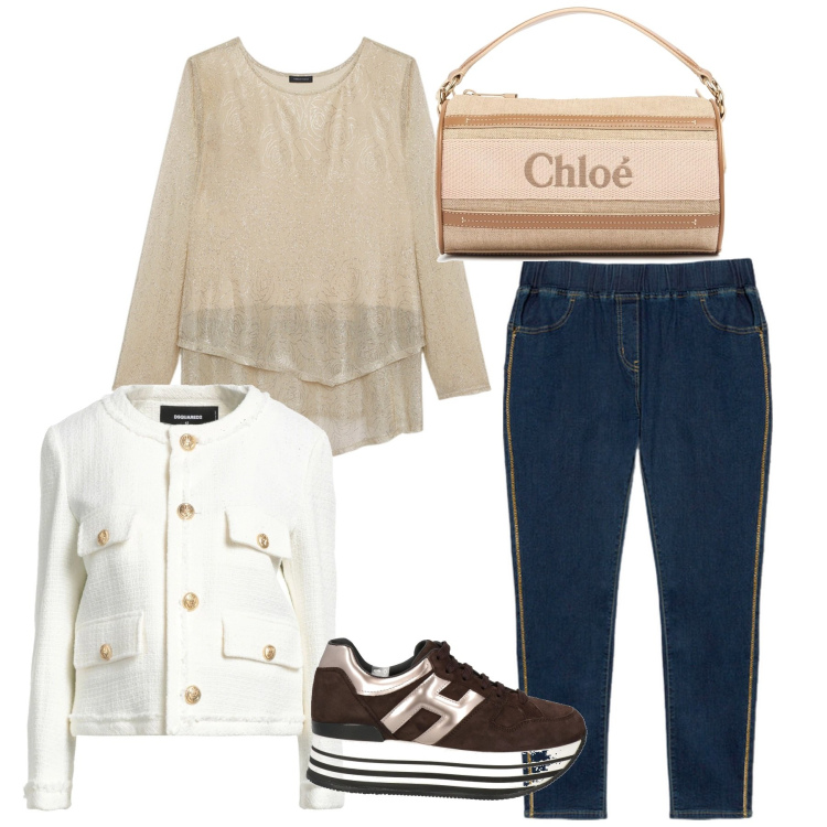 Outfit donna - Evento informale. Stile Casual per Tutti i giorni. Abbinamento con sneakers, blazer, t-shirt, jeggings, borse a spalla.