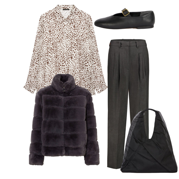Outfit donna - Alla scrivania. Stile Bon Ton per Ufficio. Abbinamento con ecopellicce, pantaloni, shopping bag, camicie, ballerine.