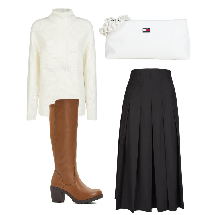 Outfit donna - City. Stile Bon Ton per Tutti i giorni. Abbinamento con stivali, borse a mano, maglieria, gonne longuette.