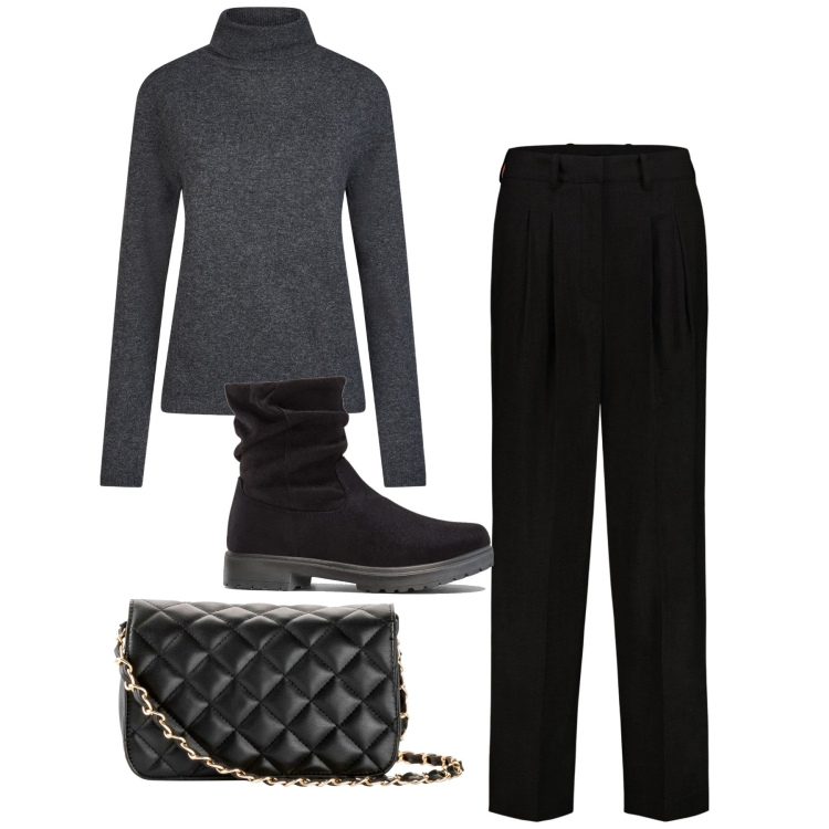 Outfit donna - City. Stile Casual per Tutti i giorni. Abbinamento con borse a tracolla, stivaletti, pantaloni, maglieria.