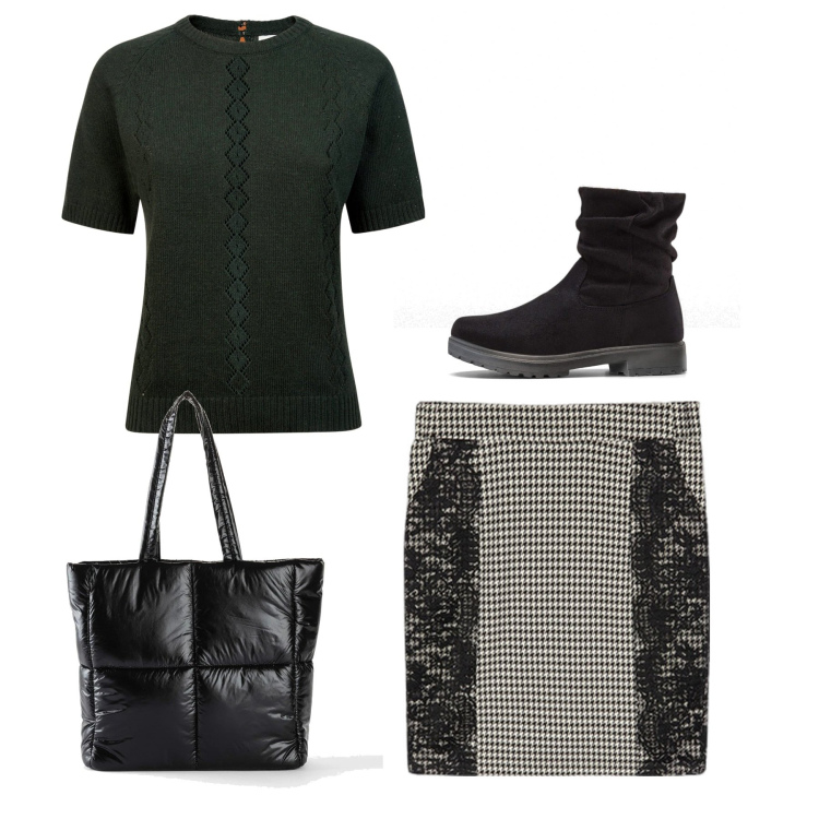 Outfit donna - Border. Stile Bon Ton per Tutti i giorni. Abbinamento con stivaletti, shopping bag, maglieria, gonne.
