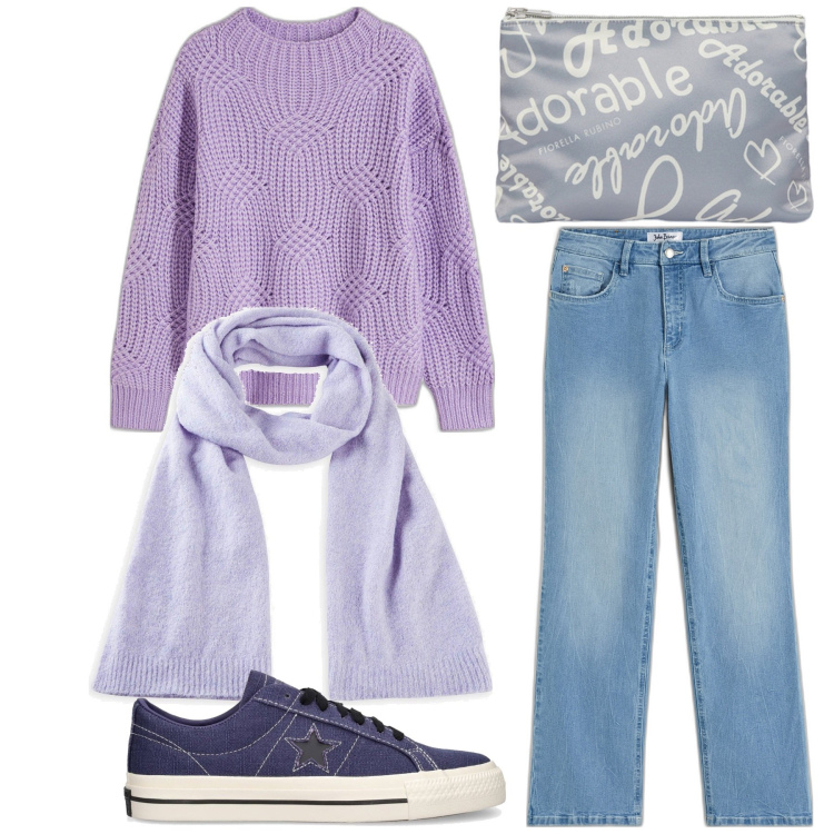 Outfit donna - Glicine o violetto?. Stile Casual per Tutti i giorni. Abbinamento con maglieria, jeans, sciarpe, sneakers, pochette.