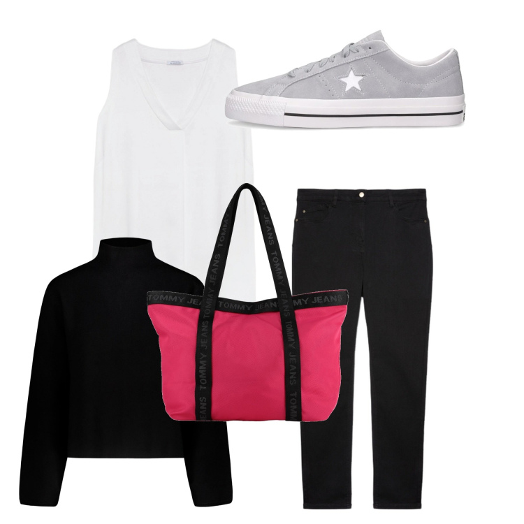 Outfit donna - Quasi primavera tra un paio di mesi. Stile Casual per Tutti i giorni. Abbinamento con borse a mano, maglieria, sneakers, top, jeans skinny.