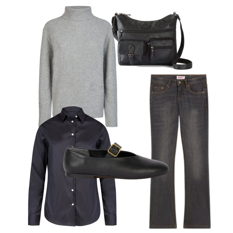 Outfit donna - City. Stile Bon Ton per Tutti i giorni. Abbinamento con jeans bootcut, borse a tracolla, camicie, maglieria, ballerine.