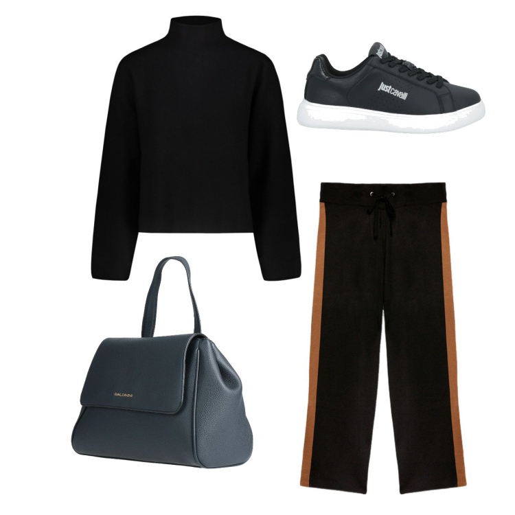 Outfit donna - City. Stile Casual per Tutti i giorni. Abbinamento con zaini, sneakers, maglieria, pantaloni a palazzo.