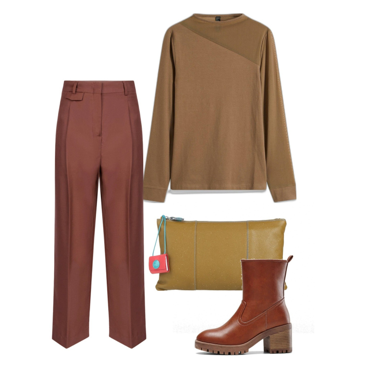 Outfit donna - Brown. Stile Bon Ton per Tutti i giorni. Abbinamento con stivaletti, maglieria, borse a mano, pantaloni.